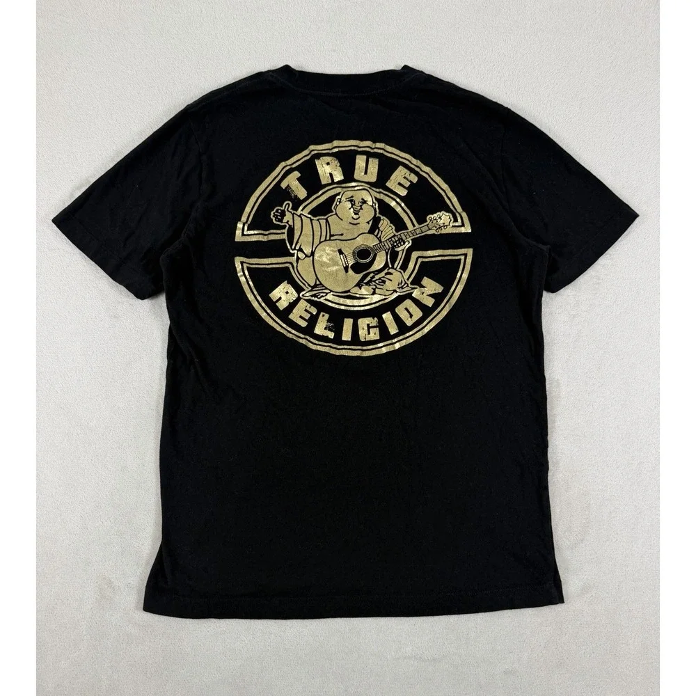 True Religion Mens Black Crew Neck T-Shirt Gold Metallic Horseshoe Logo Small